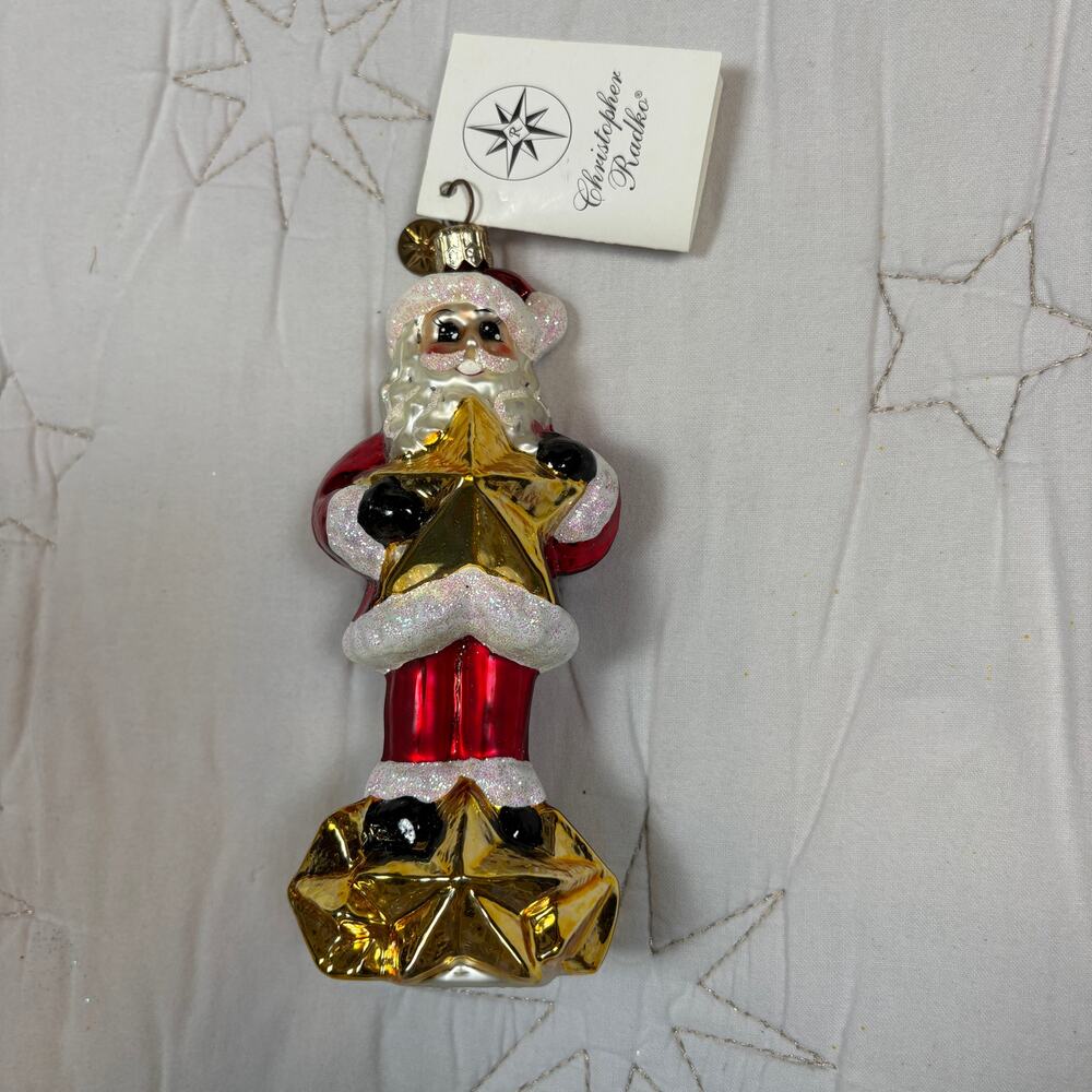 NWT Christopher Radko Christmas Joy Hand Painted Glass Santa Star Ornament
